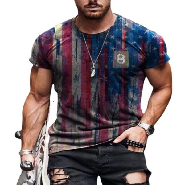 Star Flag Print Retro Round Neck Pullover Short Sleeves - Image 4