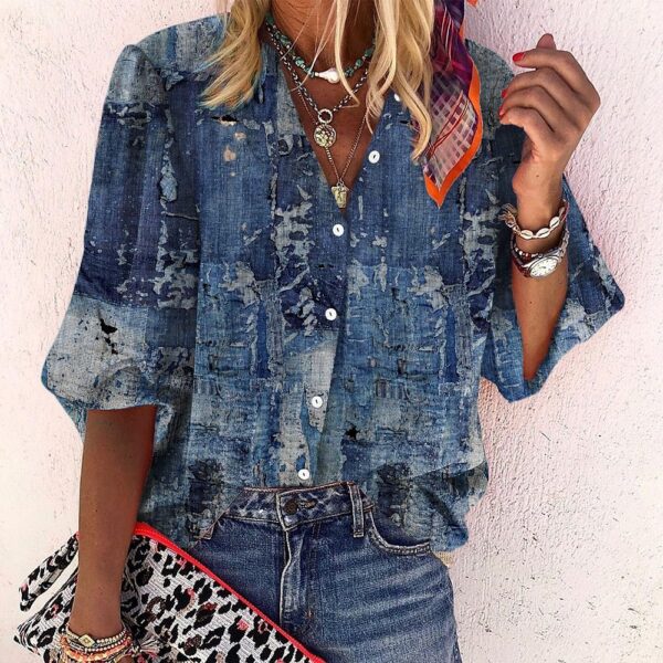 Popular Fashion Summer Women's Stand Up Collar Loose Button Retro Printed Casual Shirt - Image 10