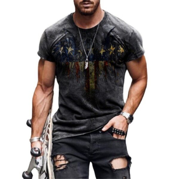 Star Flag Print Retro Round Neck Pullover Short Sleeves - Image 5