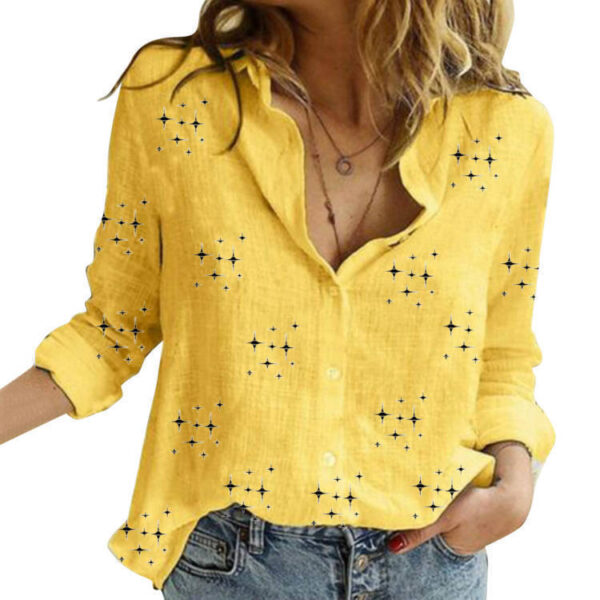 Spring And Autumn Print Casual Loose Long Sleeve Linen Shirt For Women - Image 6