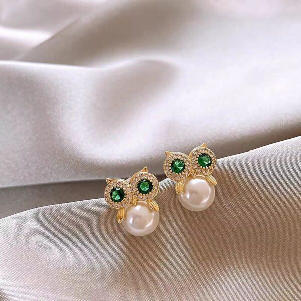 Owl Zircon Pearl Stud Earrings Female Design - Image 6