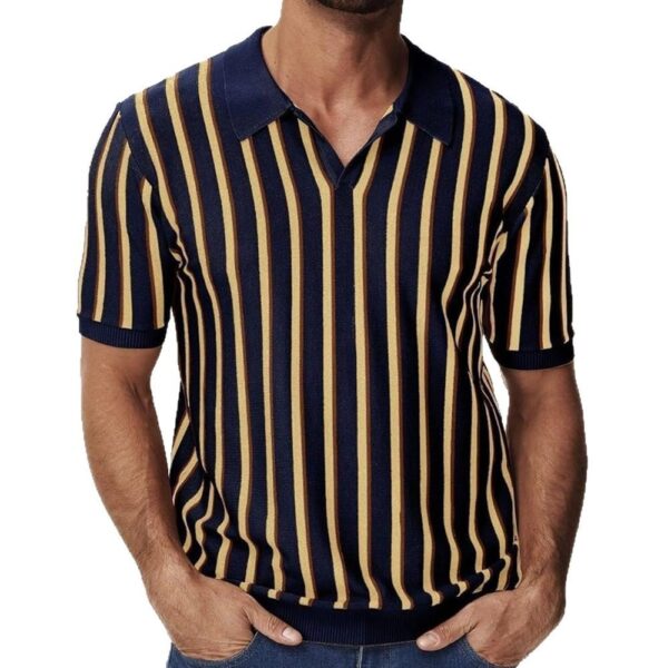 High Quality Summer Lapels Temperament Striped Knitted Polo Shirt - Image 2