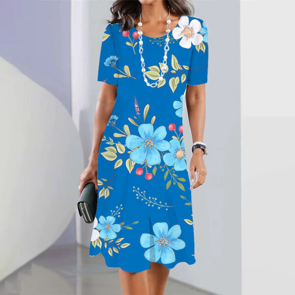 3d Floral Blue Printed Round Neck Fashion Party Dress - Image 7