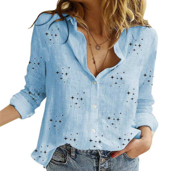 Spring And Autumn Print Casual Loose Long Sleeve Linen Shirt For Women - Image 8