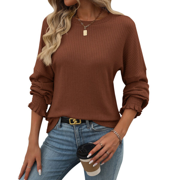 Loose Casual Sunken Stripe Long-sleeved T-shirt For Women - Image 7