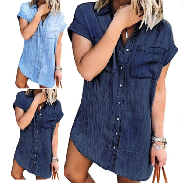 Women's Short-sleeved Distressed Denim Buckle Casual Shirt - Image 2