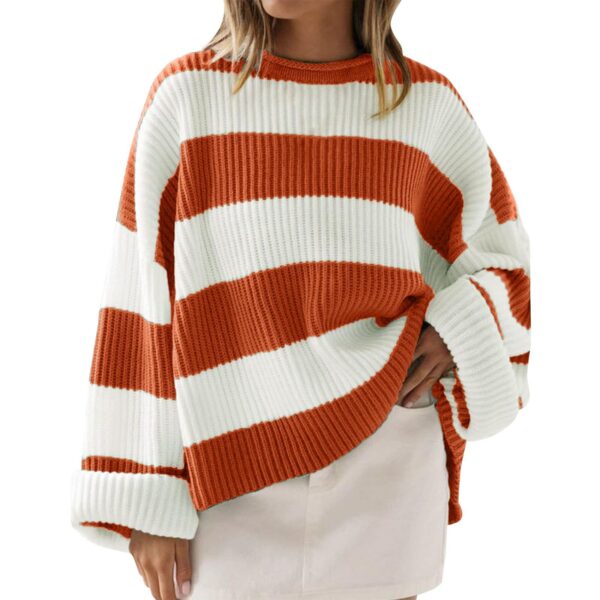 Women's Round Neck Long Sleeve Striped Loose Sweater - Image 6