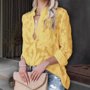 Women's Solid Color Single-breasted Lapel V-neck Jacquard Long-sleeved Shirt