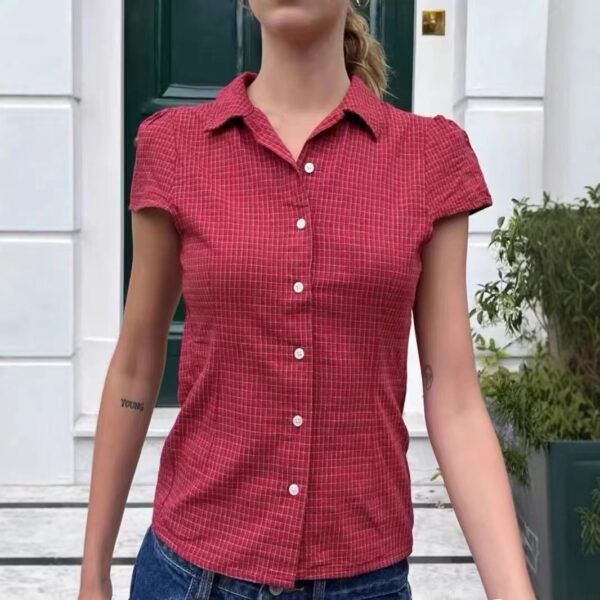 New American Red Pattern Short Sleeve Shirt Top Women - Image 2