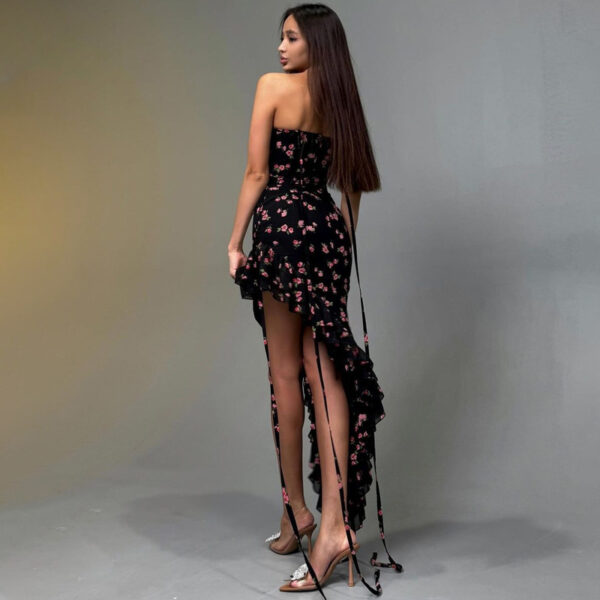 Printed Mesh Flounce Trim Lace Up Dress - Image 3