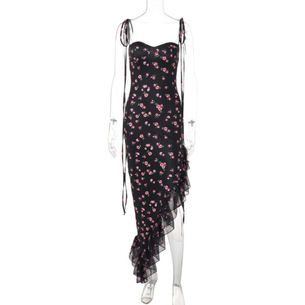 Printed Mesh Flounce Trim Lace Up Dress - Image 5
