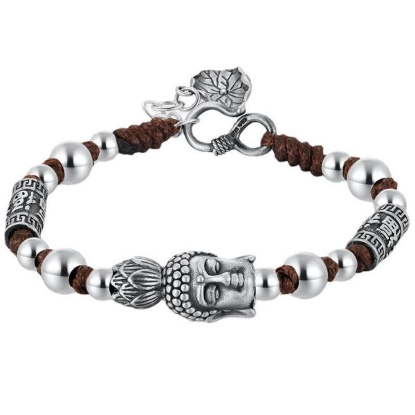 Sterling Silver 999 Tathagata Buddha Head Fu Character Hand Weaving Bracelet - Image 5