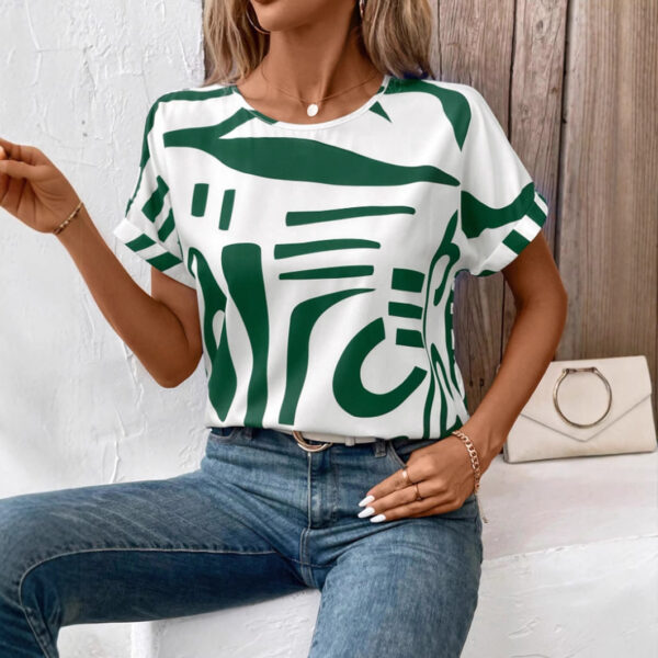 Batwing Sleeve Round Neck Geometric Printed Shirt For Women - Image 2