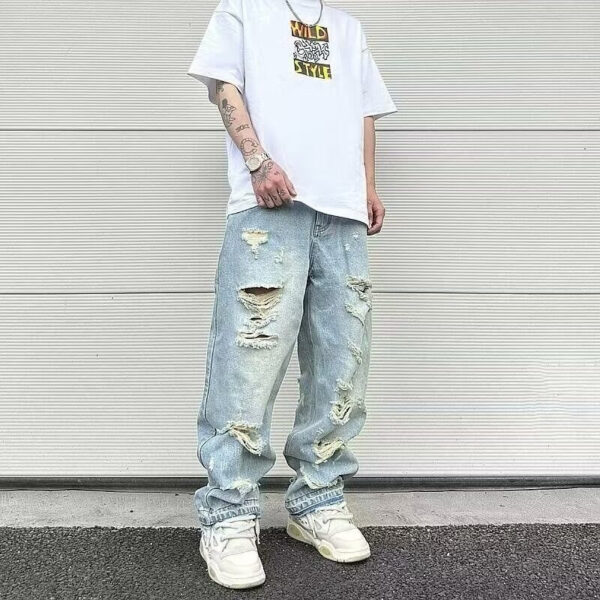 Water Washed Hole Retro Street Wide Leg Jeans - Image 4