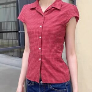 New American Red Pattern Short Sleeve Shirt Top Women
