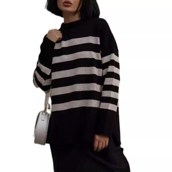 Women's Pullover Loose Round Neck Contrast Color Knitted Striped Sweater - Image 5
