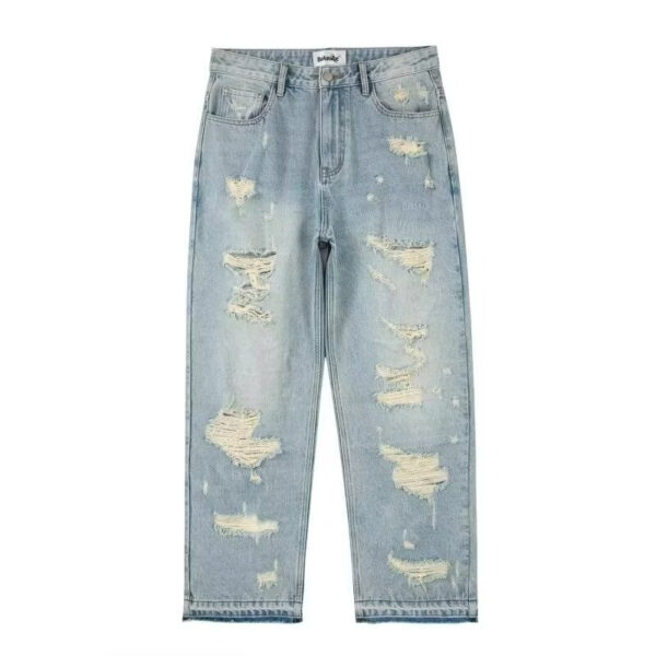 Water Washed Hole Retro Street Wide Leg Jeans - Image 5