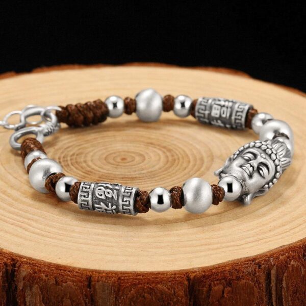 Sterling Silver 999 Tathagata Buddha Head Fu Character Hand Weaving Bracelet - Image 4