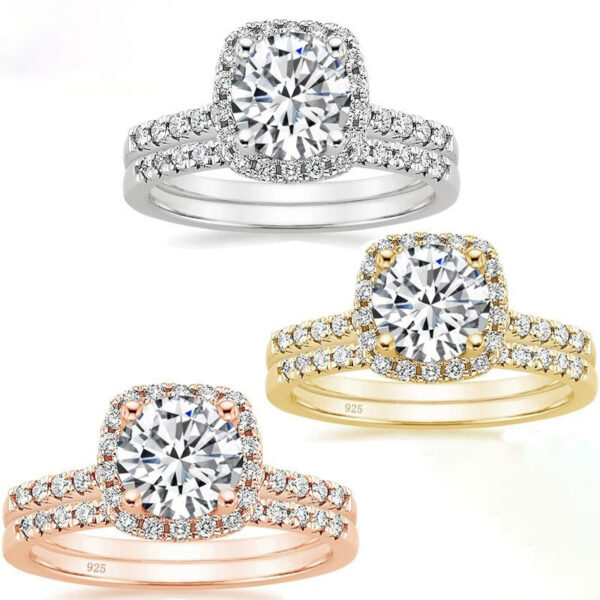 925 Inlaid 7mm Round Zircon Set Simulation Diamond Ring - Image 3