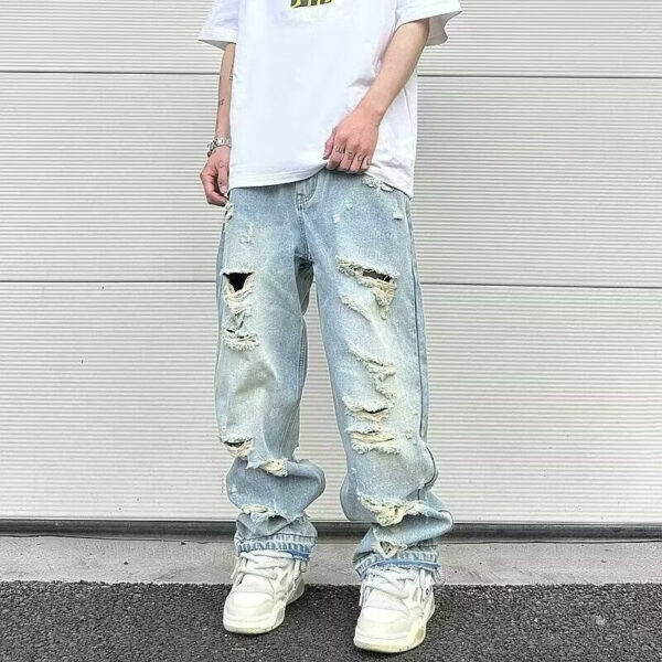 Water Washed Hole Retro Street Wide Leg Jeans