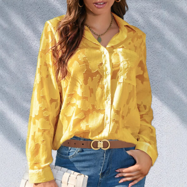 Women's Solid Color Single-breasted Lapel V-neck Jacquard Long-sleeved Shirt - Image 3