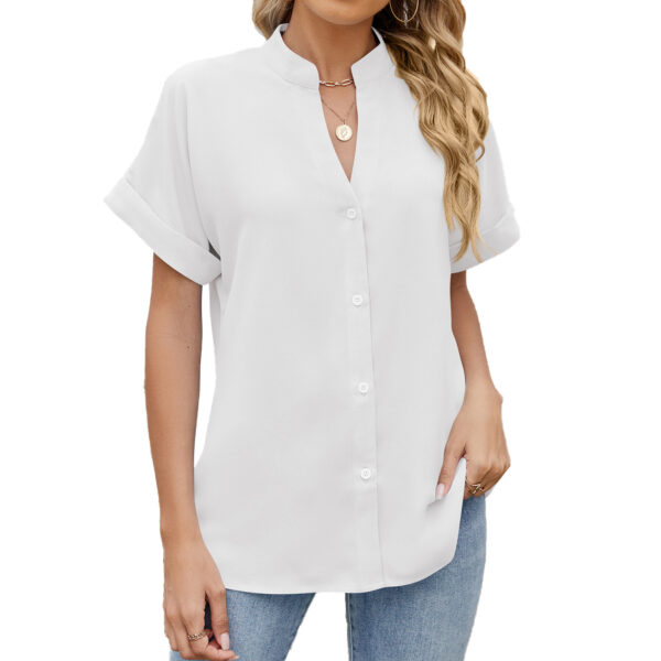 Solid Color And V-neck Loose Short Sleeve Button Shirt Chiffon Shirt - Image 3
