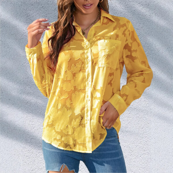 Women's Solid Color Single-breasted Lapel V-neck Jacquard Long-sleeved Shirt - Image 4