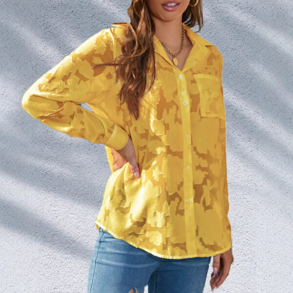 Women's Solid Color Single-breasted Lapel V-neck Jacquard Long-sleeved Shirt - Image 2