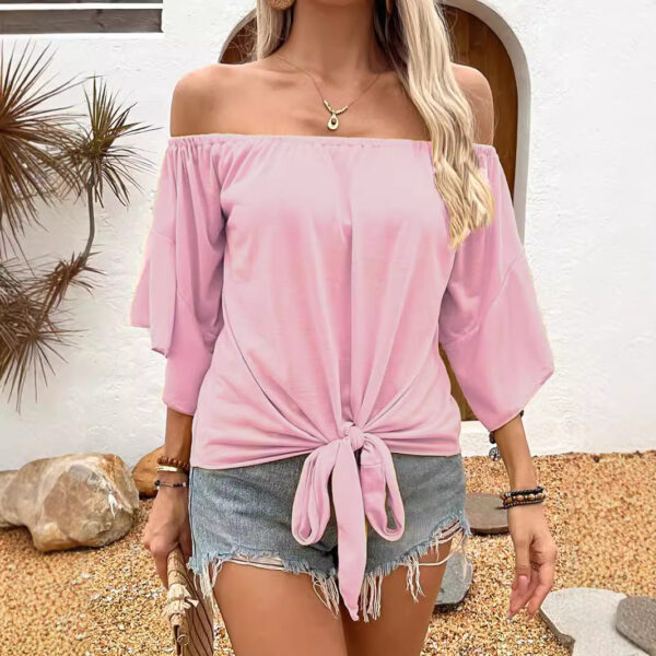 Summer Fall Women's Clothing Solid Color Off-shoulder Casual T-shirt Top - Image 9