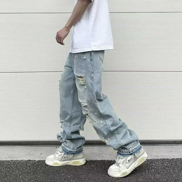 Water Washed Hole Retro Street Wide Leg Jeans - Image 2