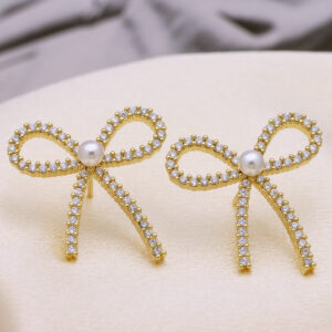 Women's Copper Plating 18K Full Zircon Pearl Bow Earrings