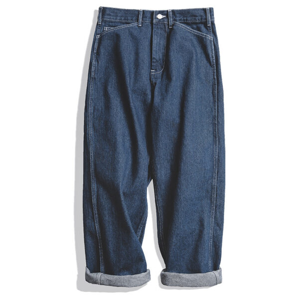 Men's Retro Dark Blue Loose Straight-leg Denim Trousers - Image 5