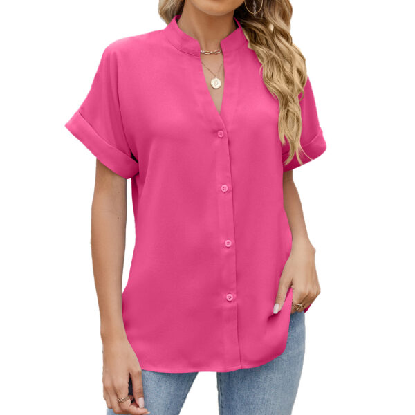 Solid Color And V-neck Loose Short Sleeve Button Shirt Chiffon Shirt - Image 5