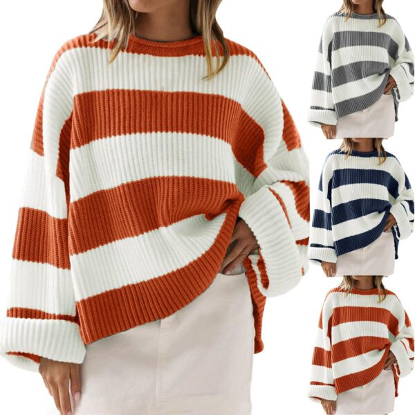 Women's Round Neck Long Sleeve Striped Loose Sweater - Image 5