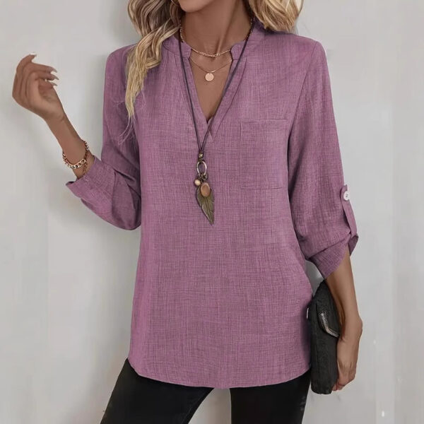 Loose-fitting Plus Size V-neck Solid Color T-shirt - Image 5