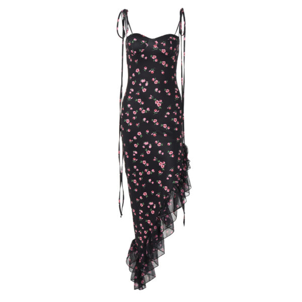 Printed Mesh Flounce Trim Lace Up Dress - Image 4