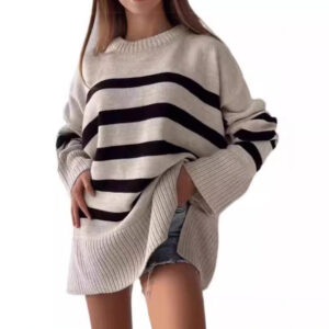 Women's Pullover Loose Round Neck Contrast Color Knitted Striped Sweater
