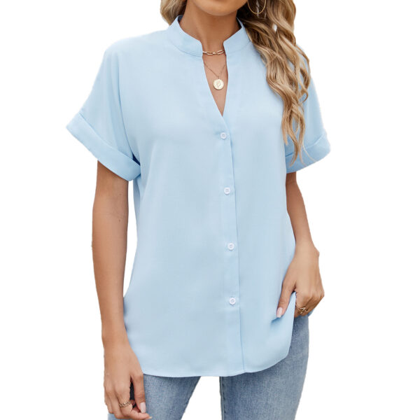 Solid Color And V-neck Loose Short Sleeve Button Shirt Chiffon Shirt - Image 4