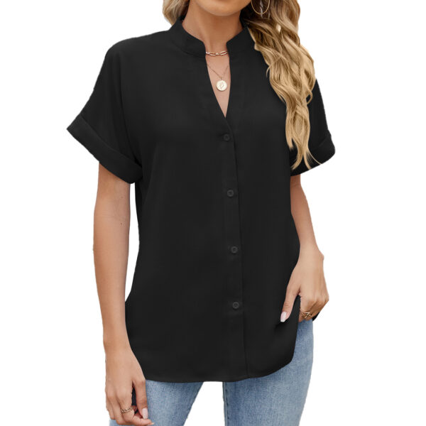 Solid Color And V-neck Loose Short Sleeve Button Shirt Chiffon Shirt - Image 6