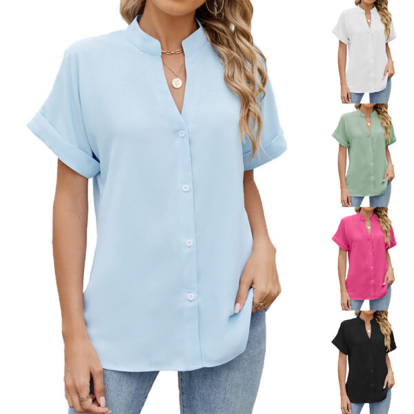 Solid Color And V-neck Loose Short Sleeve Button Shirt Chiffon Shirt - Image 7