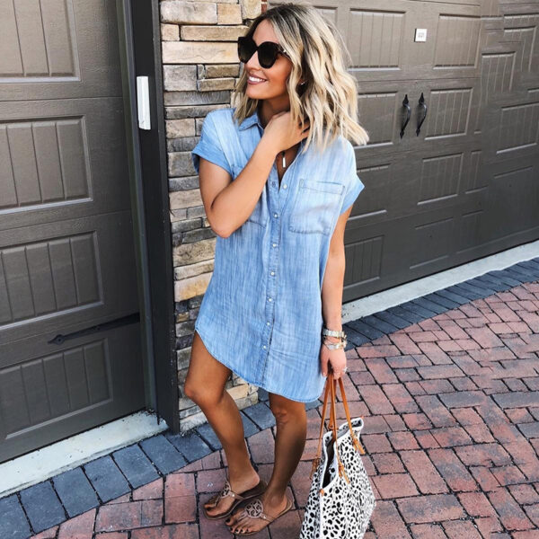 Women's Short-sleeved Distressed Denim Buckle Casual Shirt - Image 4