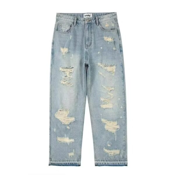 Water Washed Hole Retro Street Wide Leg Jeans - Image 3