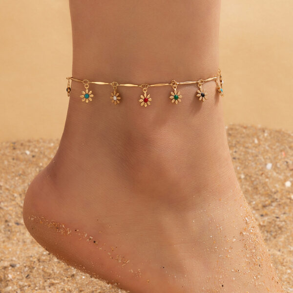Simple Metal Flower Colorful Rose Pendant Tassel Anklet - Image 4