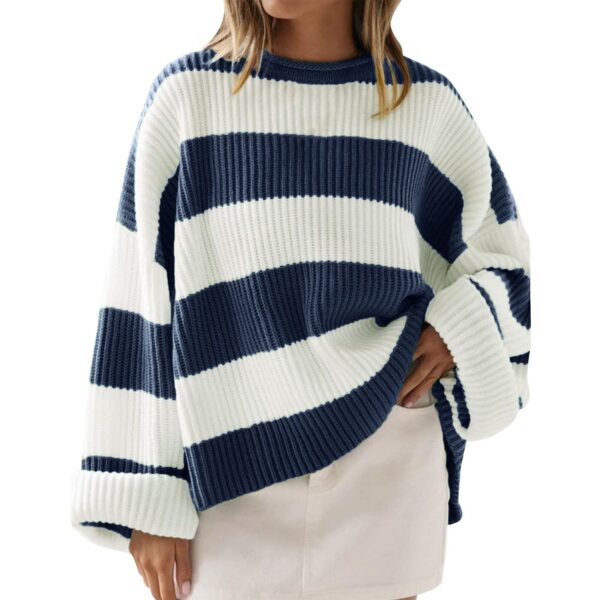 Women's Round Neck Long Sleeve Striped Loose Sweater - Image 2