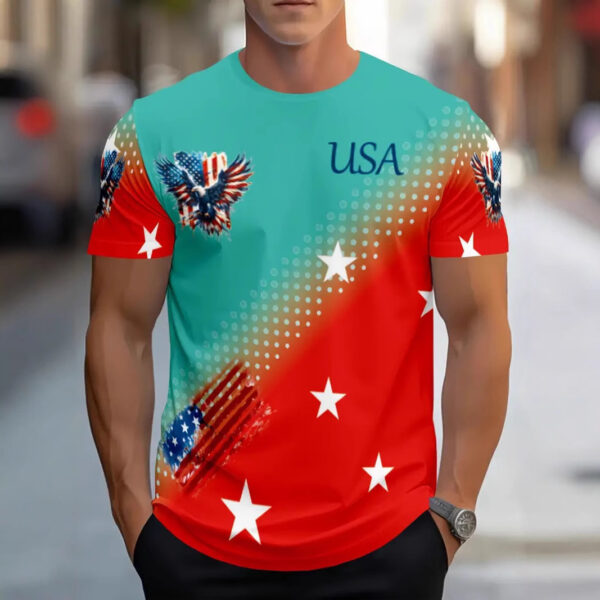 Men's T-shirt Printing Color Contrast Summer Round Neck Polyester Short Sleeve - Image 2