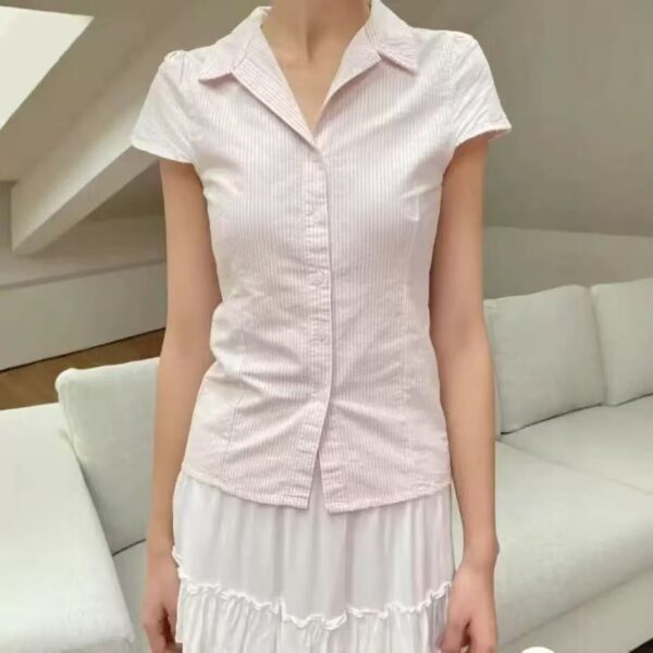 New American Red Pattern Short Sleeve Shirt Top Women - Image 4