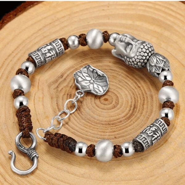 Sterling Silver 999 Tathagata Buddha Head Fu Character Hand Weaving Bracelet - Image 2