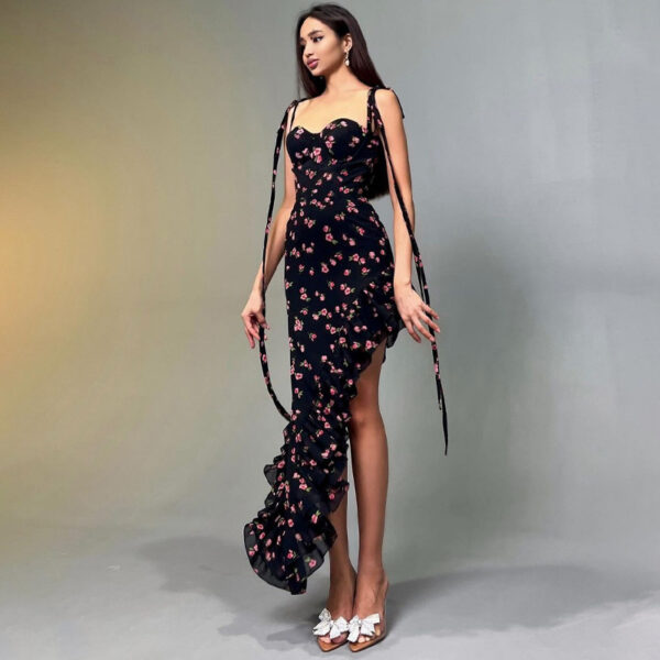 Printed Mesh Flounce Trim Lace Up Dress - Image 2