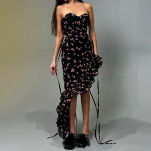 Printed Mesh Flounce Trim Lace Up Dress