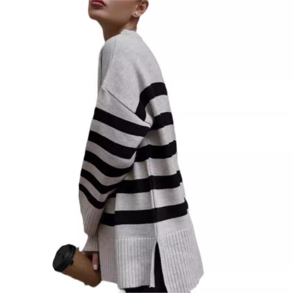 Women's Pullover Loose Round Neck Contrast Color Knitted Striped Sweater - Image 3